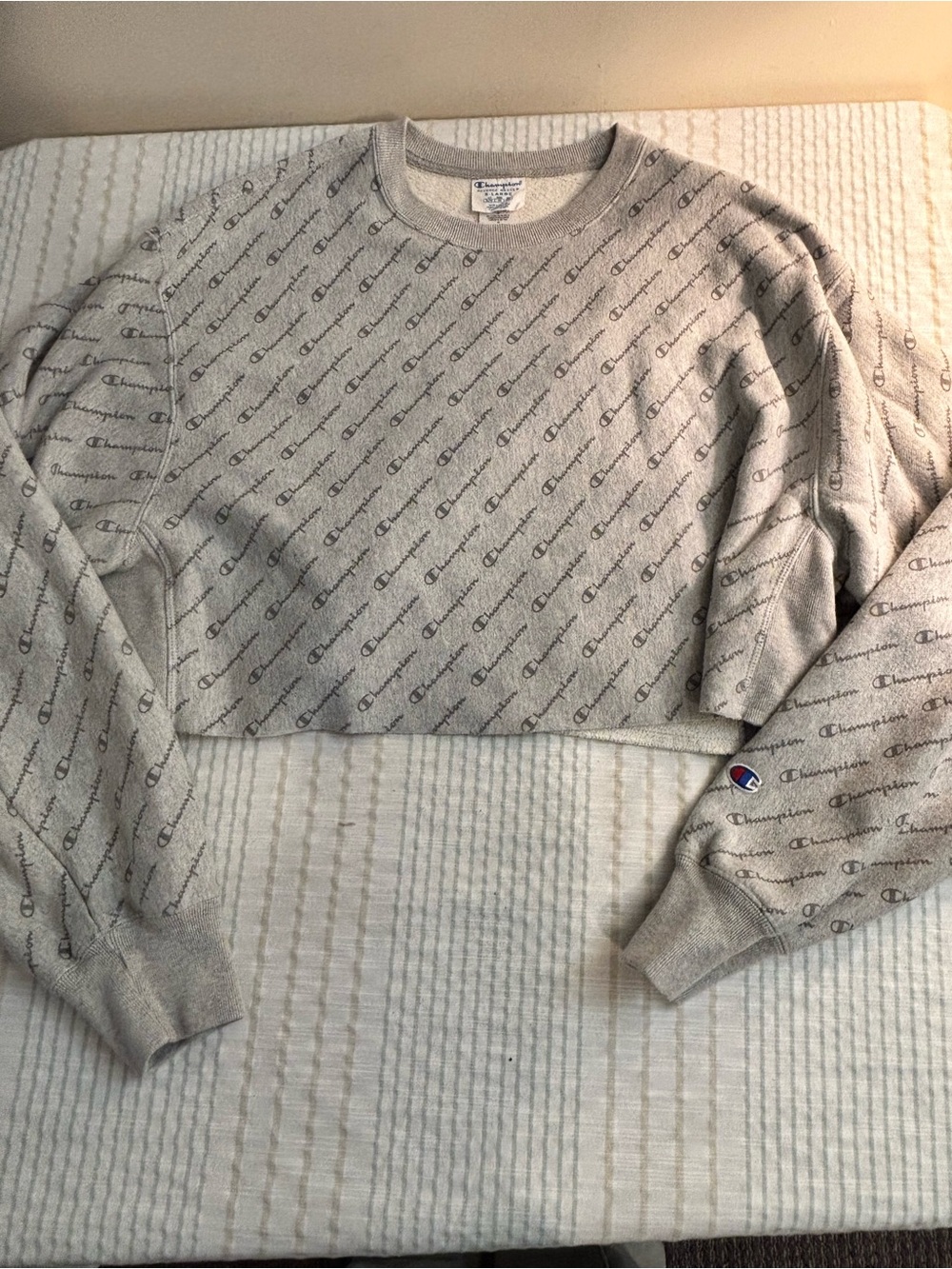 Champion Light Gray Allover Logo Cropped Crewneck Sweatshirt